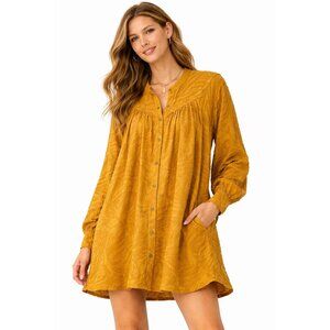 Free People Textured Tunic Mini Dress Mustard Yellow Button Front Size M